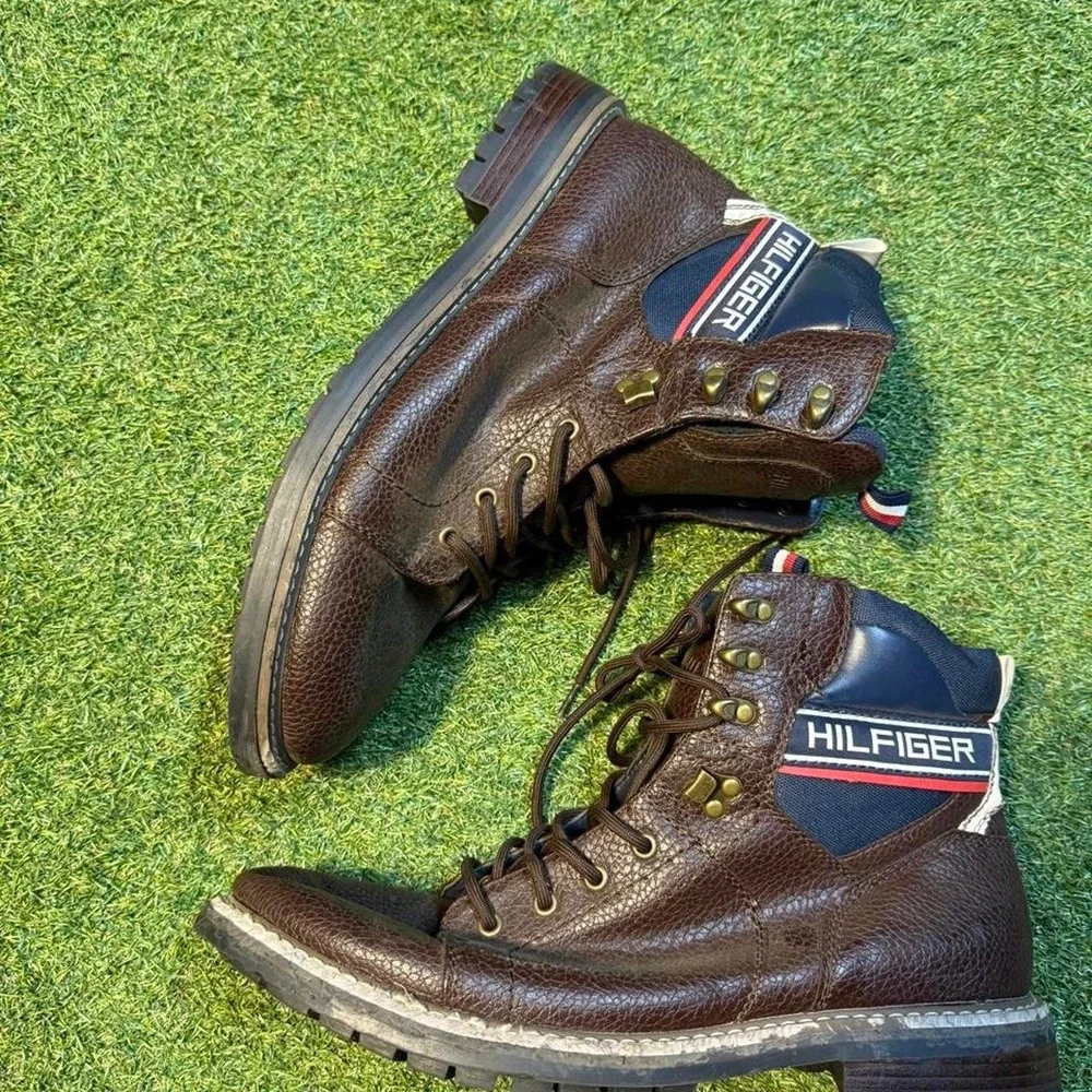 Tommy Hilfiger brown leather lace-up boots with pebbled texture